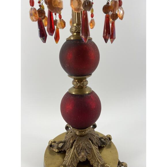 Victorian Baroque Ornate Beaded Ruby Red Glass Brass Candle Holder Prisms - Picture 5 of 11